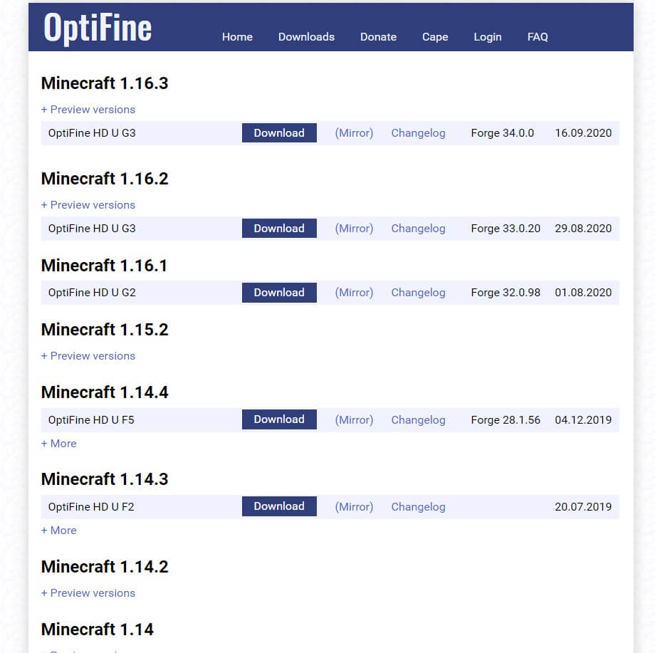 OptiFine Downloads
